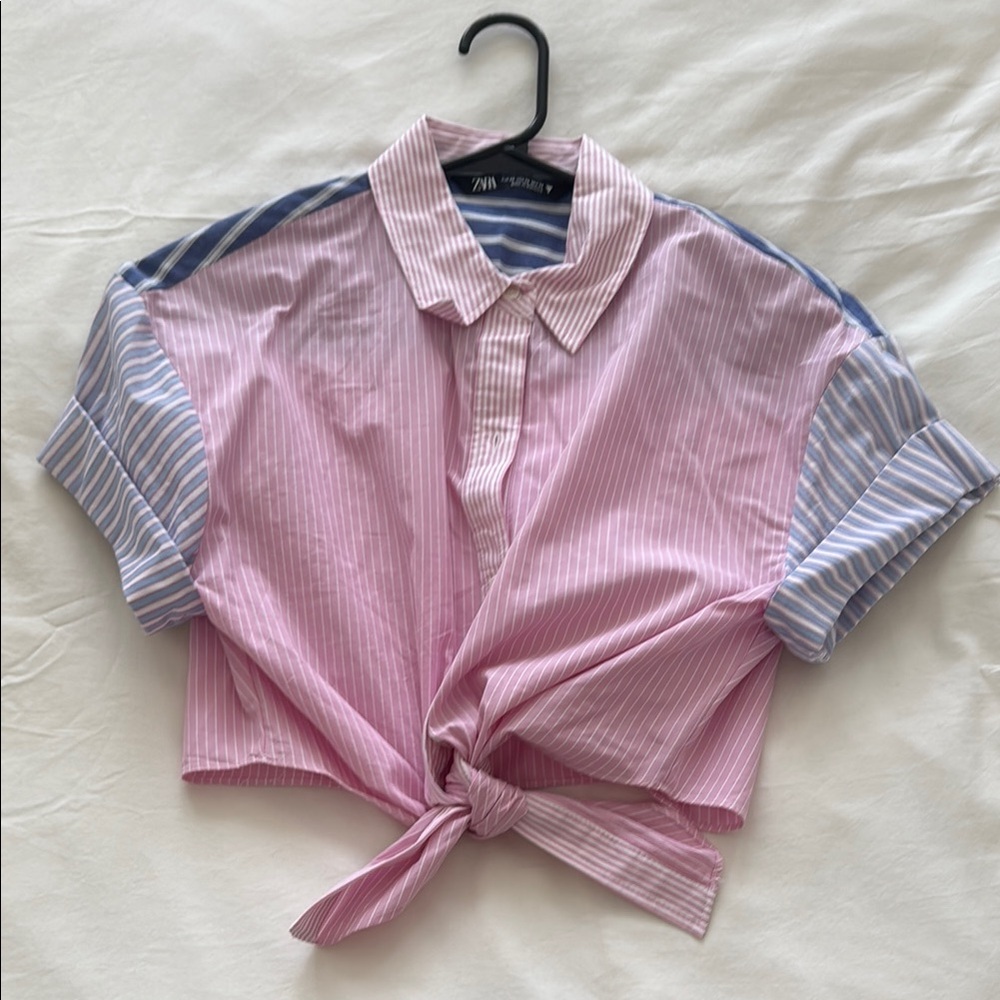 Zara Pink and Blue Striped Crop Shirt